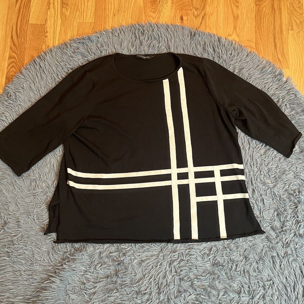 Ming Wang Black White Slinky Color Block Knit Top Sweater Size XXL